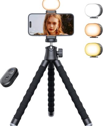 Pnitri Phone Tripod Stand, Extendable Reinforced Aluminum Phone Stand with Wireless Remote, Stable Cellphone Tripod (13.4'' Black)