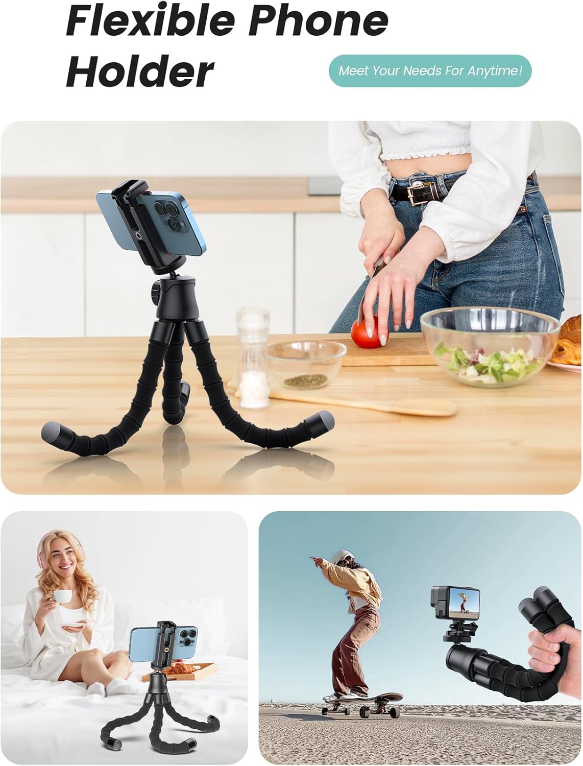 Pnitri Phone Tripod Stand, Extendable Reinforced Aluminum Phone Stand with Wireless Remote, Stable Cellphone Tripod (13.4'' Black) - Image 7