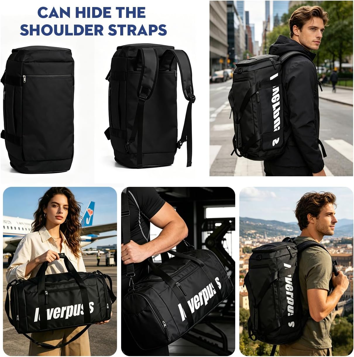 3-in-1 Gym Duffle Backpack - 35L Waterproof Sports Travel Bag with Shoe Compartment & Wet Dry Pocket, Convertible Backpack/Handbag/Shoulder Bag for Men Women, Black (Black) - Image 2