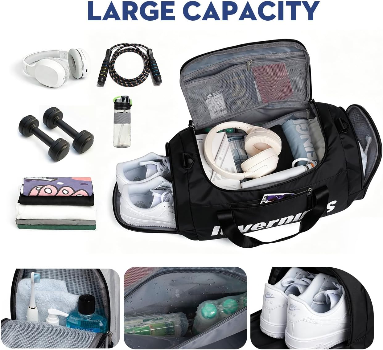 3-in-1 Gym Duffle Backpack - 35L Waterproof Sports Travel Bag with Shoe Compartment & Wet Dry Pocket, Convertible Backpack/Handbag/Shoulder Bag for Men Women, Black (Black) - Image 3
