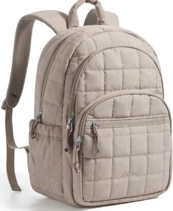BAGSMART College Laptop Backpack, Travel Backpack for Women, Quilted Casual Daypack, Water-Resistant Bookbag for 15.6 Inch Laptop, Camel